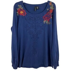 Jason Maxwell Y2K Boho Long Sleeve Knit Top Embroidered Flowers Size Medium